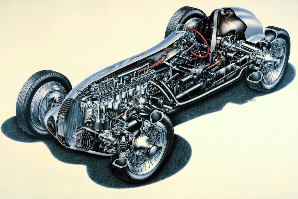 Cutaway drawing of the Mercedes-Benz W 125 racing car, 1937